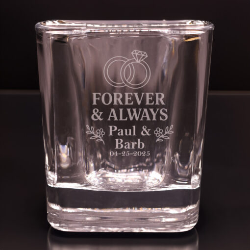 “Forever & Always” Personalized Wedding Shot Glass – Engraved Rings Design – 2.2 oz