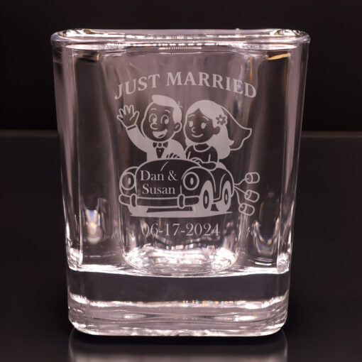 Funny Newlywed Shot Glass – “Just Married” Engraved Keepsake – 2.2 oz