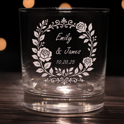 Personalized 10oz Wedding Rocks Glass – Custom Names & Date | Rose Crest - Image 2