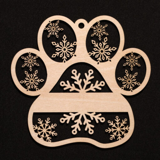 Personalized Pet Paw Christmas Ornament – Custom Dog or Cat Name Laser Engraved on Baltic Birch with Snowflake Design