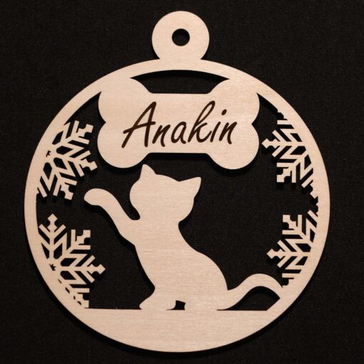 Personalized Cat Christmas Ornament – Custom Pet Name Laser Engraved on Baltic Birch with Snowflake Design 🐈 - Image 2