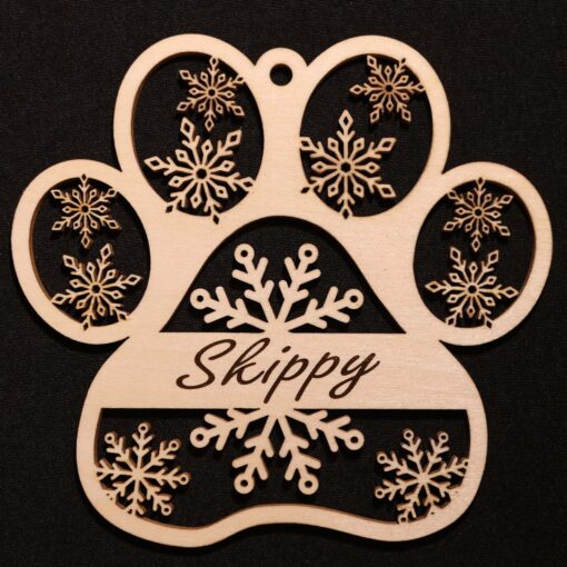 Personalized Pet Paw Christmas Ornament – Custom Dog or Cat Name Laser Engraved on Baltic Birch with Snowflake Design - Image 2