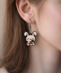 Cute Rabbit Earrings | Laser Cut Wooden Bunny Dangles | Hand Painted | Gift Idea