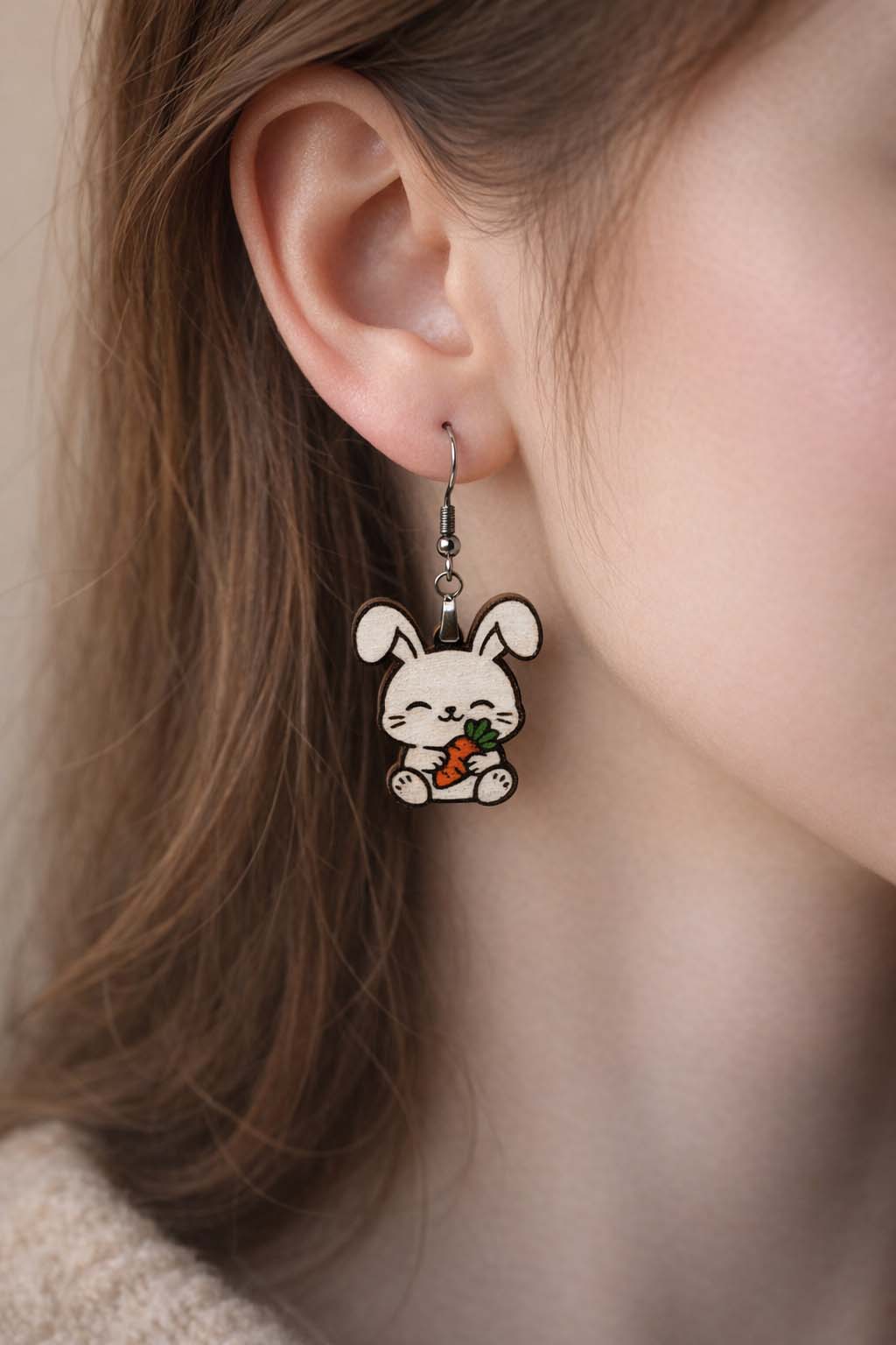 Cute Rabbit Earrings | Laser Cut Wooden Bunny Dangles | Hand Painted | Gift Idea