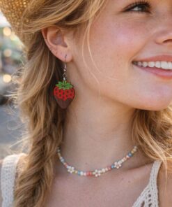Chocolate Dipped Strawberry Dangle Earrings – Handmade Lightweight Wooden Fruit Earrings – Cute Romantic Gift