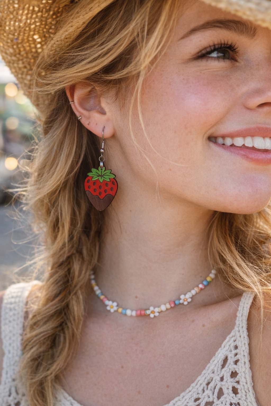 Chocolate Dipped Strawberry Dangle Earrings β Handmade Lightweight Wooden Fruit Earrings β Cute Romantic Gift