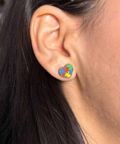 Handmade Autism Awareness Puzzle Piece Heart Stud Earrings | Neurodiversity Pride Jewelry | Exceptional Engravings Lightweight Wood Studs
